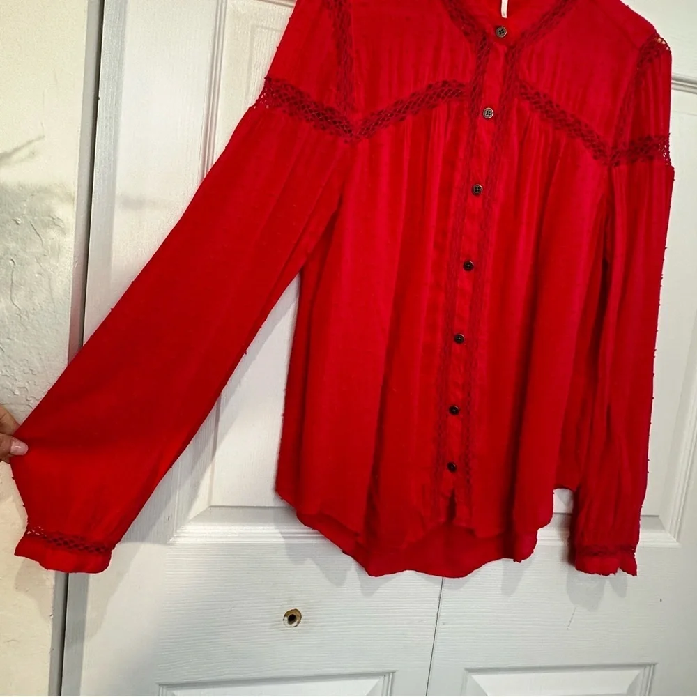 Free People Abigail Victorian Eyelet Lace Blouse Red Large EUC